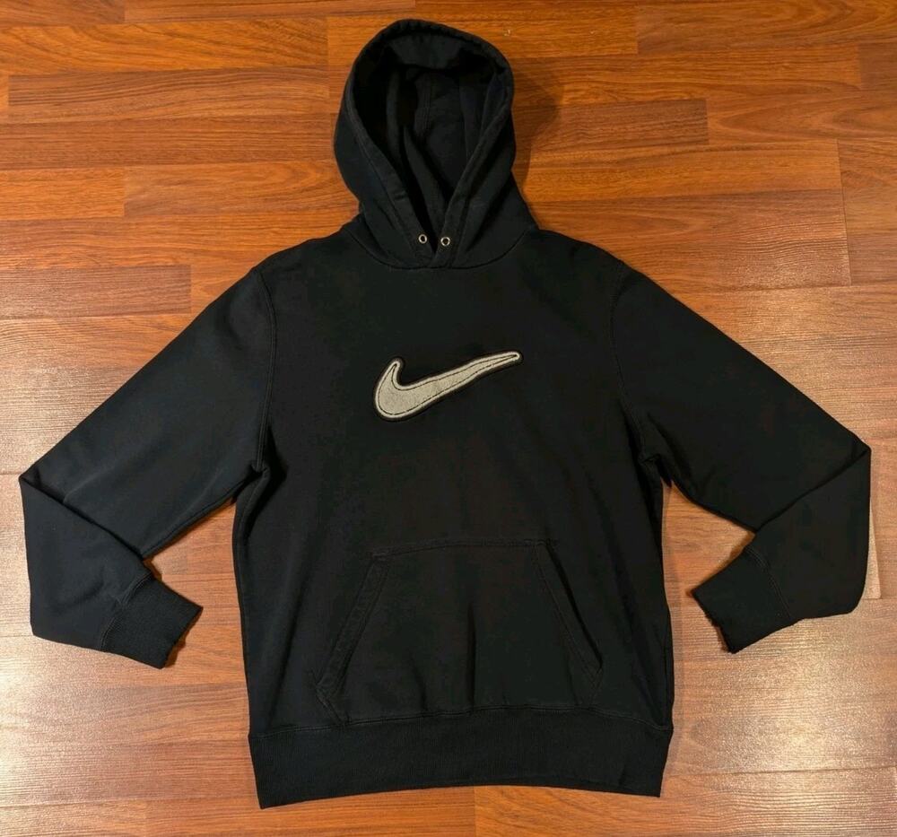 Nike Large Black Hoodie Y2K Big Swoosh Logo Pullover Distressed